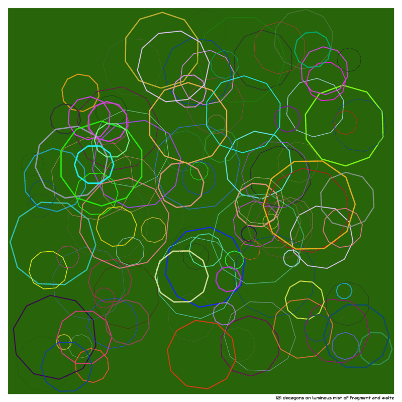 121 decagons on luminous mist of fragment and waltz