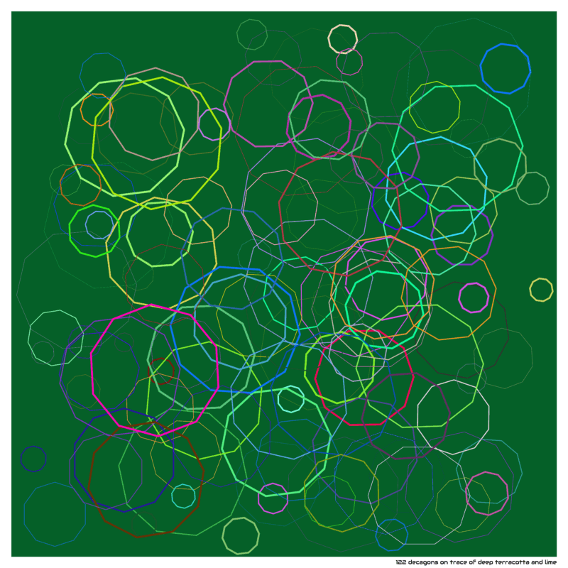122 decagons on trace of deep terracotta and lime