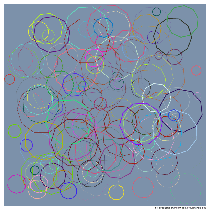 141 decagons on violet above burnished sky