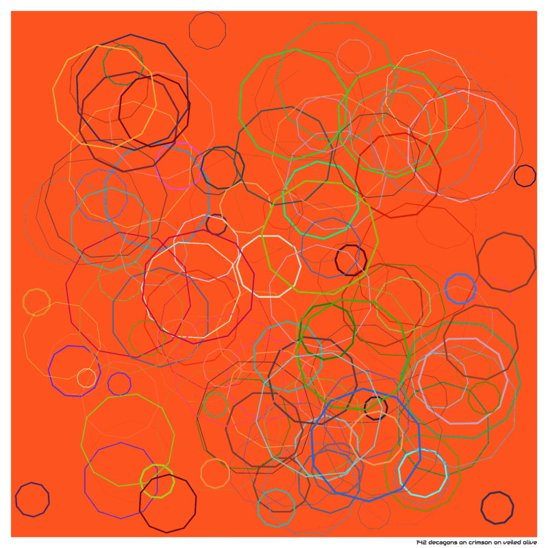 142 decagons on crimson on veiled olive