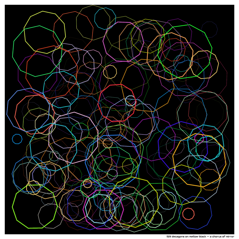 159 decagons on mellow black — a chorus of mirror