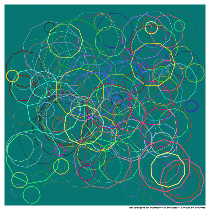 169 decagons on Iridescent chartreuse — a Waltz of Stillness