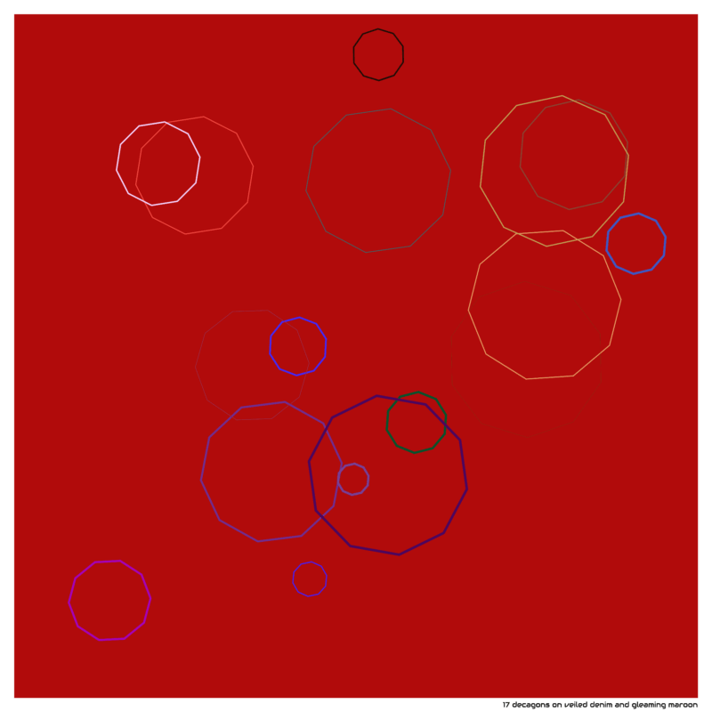 17 decagons on veiled denim and gleaming maroon