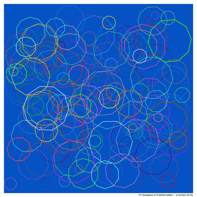 177 decagons on frosted cobalt — a horizon of ink