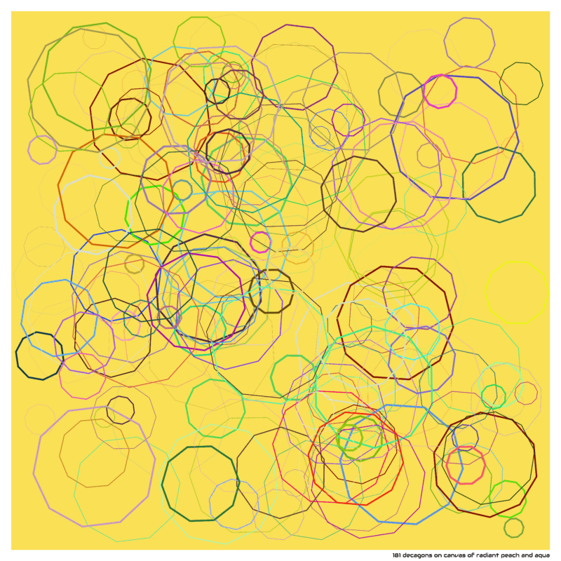 181 decagons on canvas of radiant peach and aqua