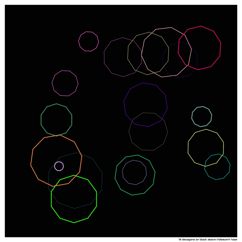 19 decagons on black above iridescent haze