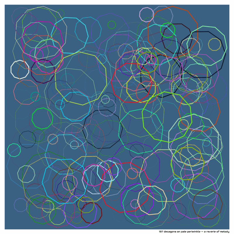 197 decagons on pale periwinkle — a reverie of melody