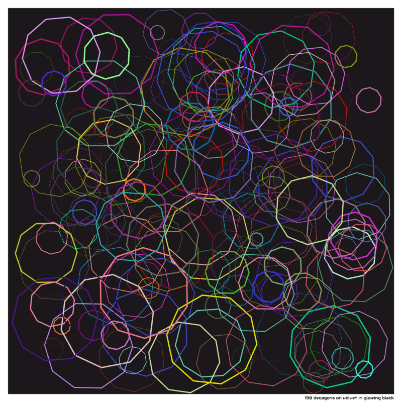 198 decagons on velvet in glowing black