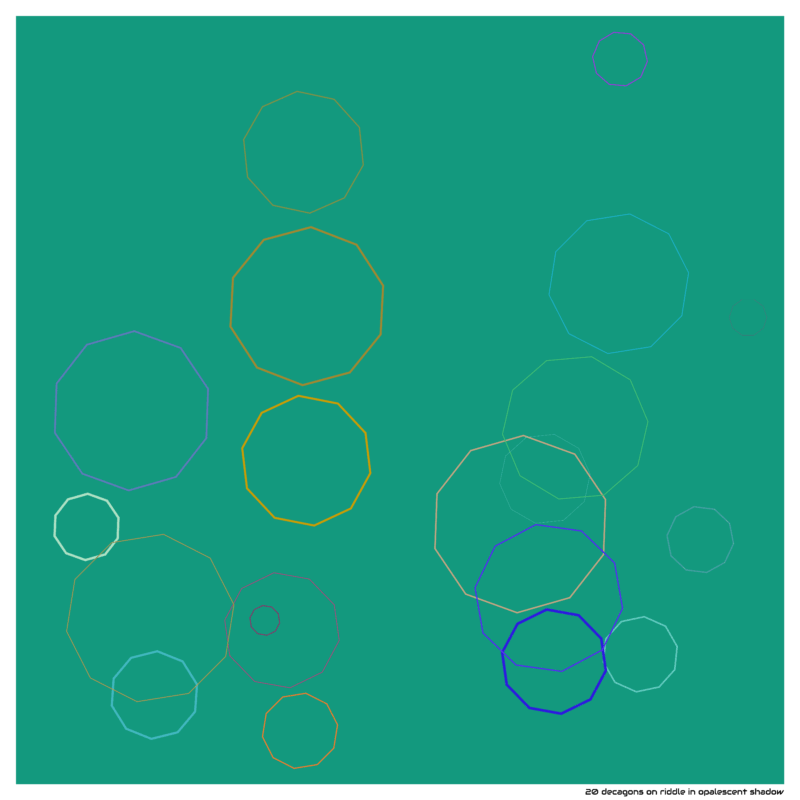 20 decagons on riddle in opalescent shadow