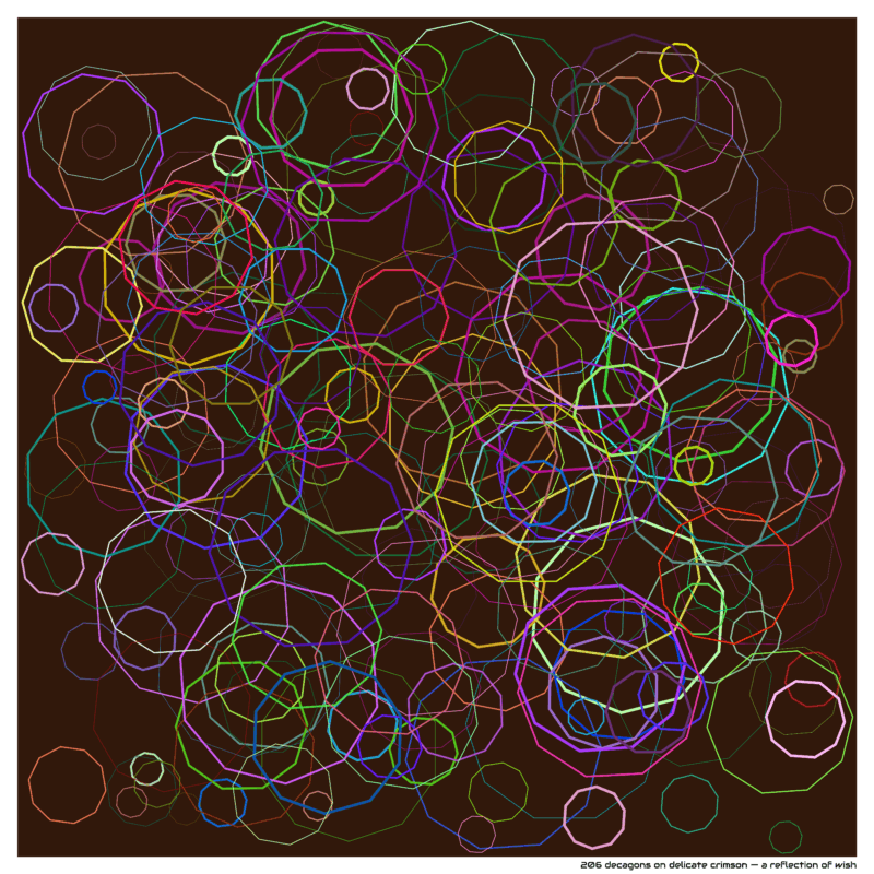 206 decagons on delicate crimson — a reflection of wish