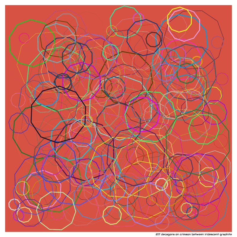 217 decagons on crimson between Iridescent graphite