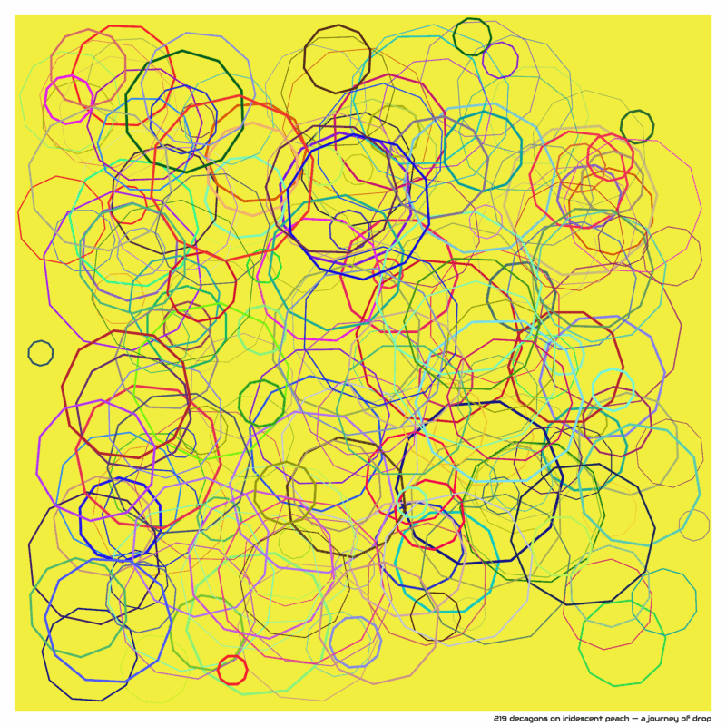 219 decagons on iridescent peach — a journey of drop