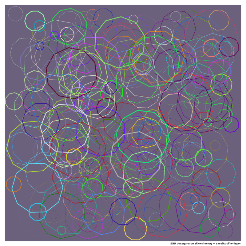 239 decagons on silken honey — a waltz of whisper