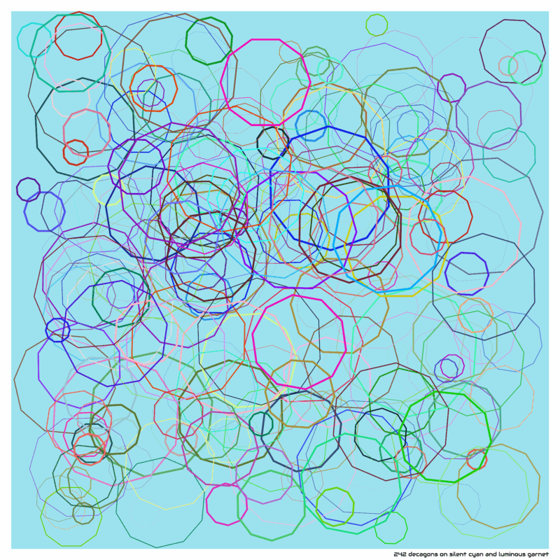 242 decagons on silent cyan and luminous garnet