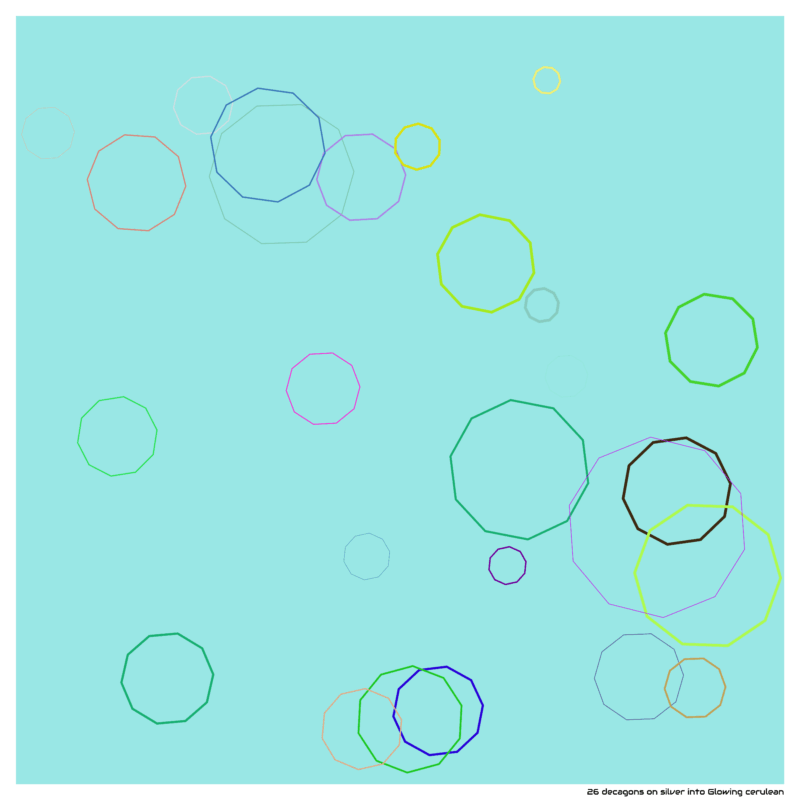 26 decagons on silver into Glowing cerulean