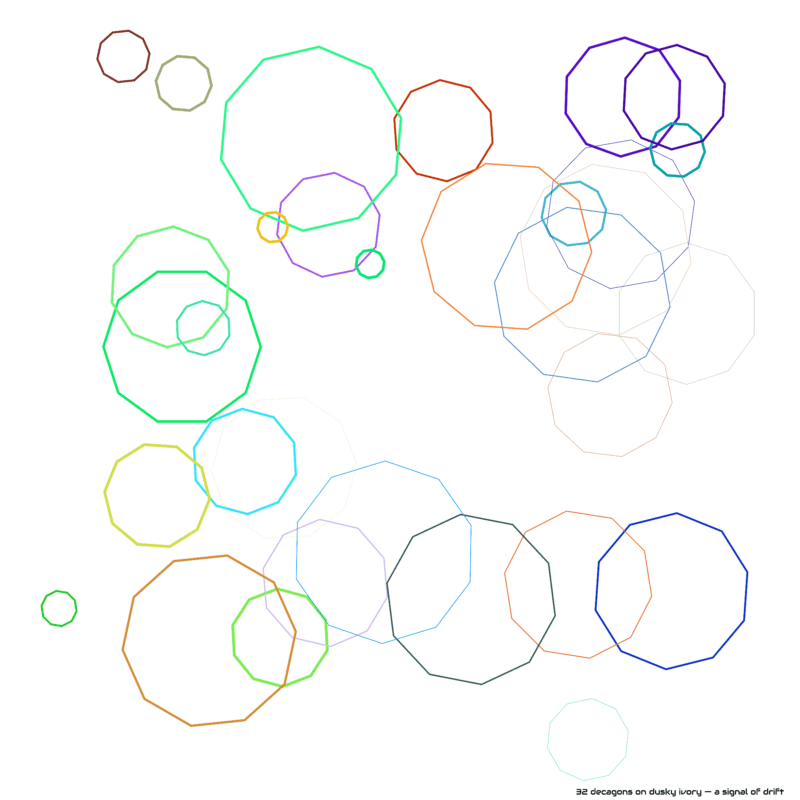 32 decagons on dusky ivory — a signal of drift