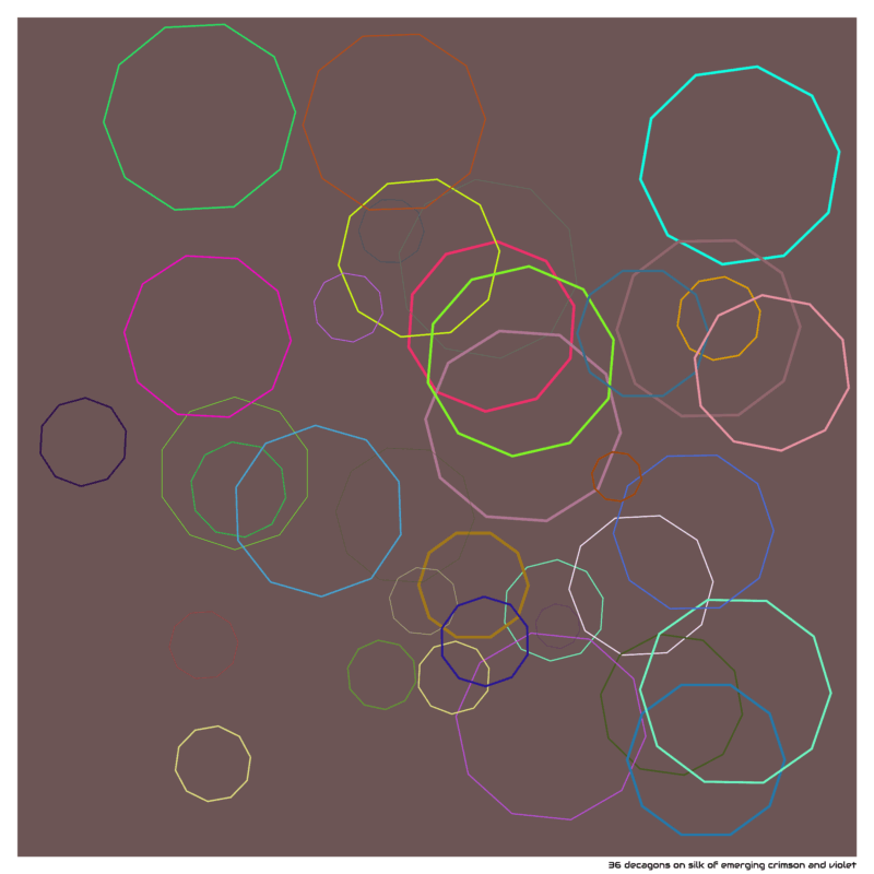 36 decagons on silk of emerging crimson and violet