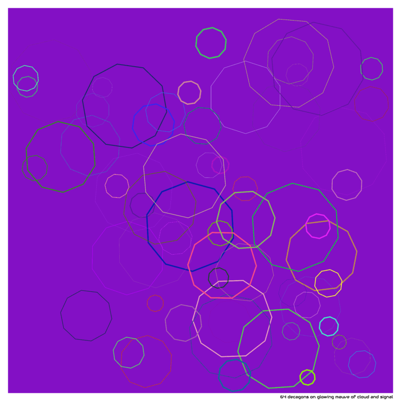 64 decagons on glowing mauve of cloud and signal