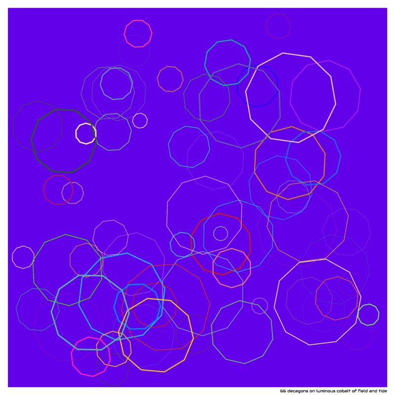 66 decagons on luminous cobalt of field and tide
