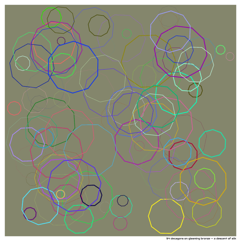 94 decagons on gleaming bronze — a descent of silk