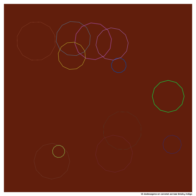 12 dodecagons on caramel across Smoky indigo