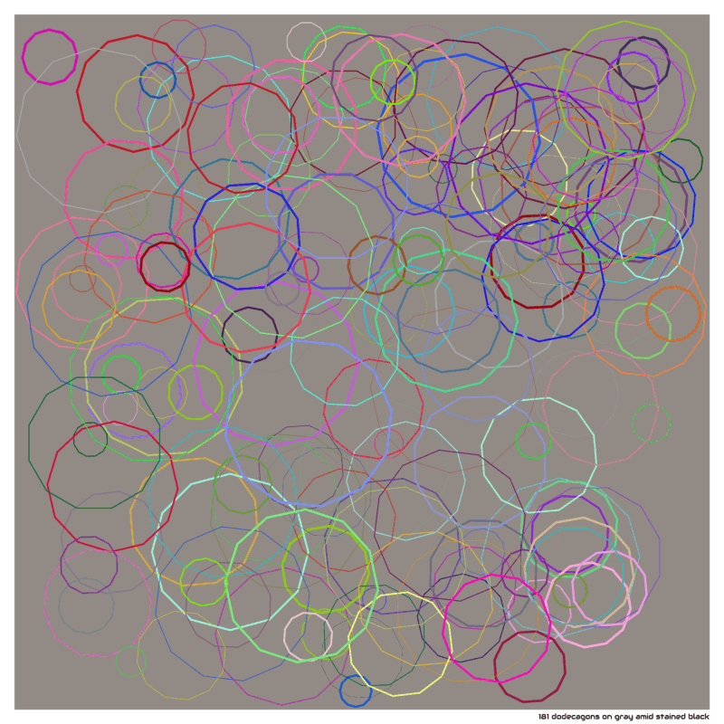 181 dodecagons on gray amid stained black