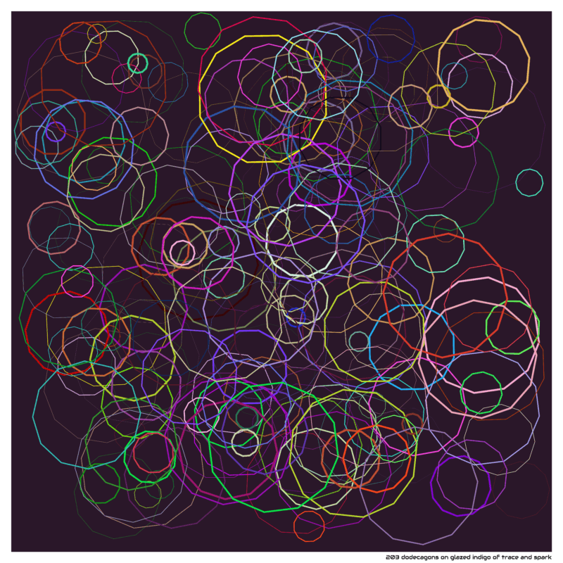 203 dodecagons on glazed indigo of trace and spark