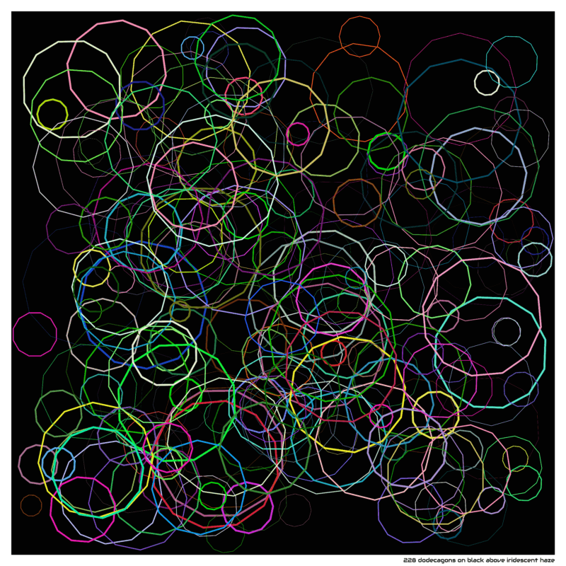 228 dodecagons on black above iridescent haze
