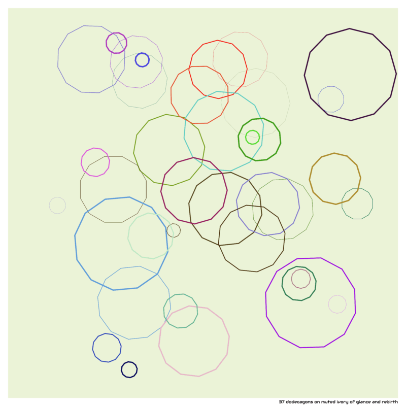 37 dodecagons on muted ivory of glance and rebirth