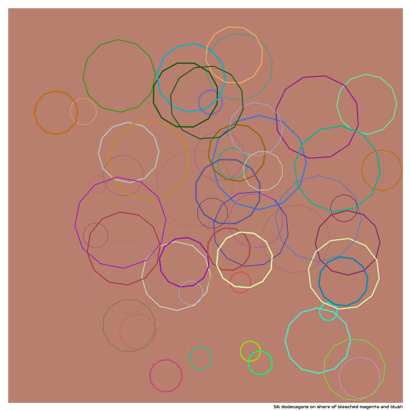 56 dodecagons on shore of bleached magenta and blush