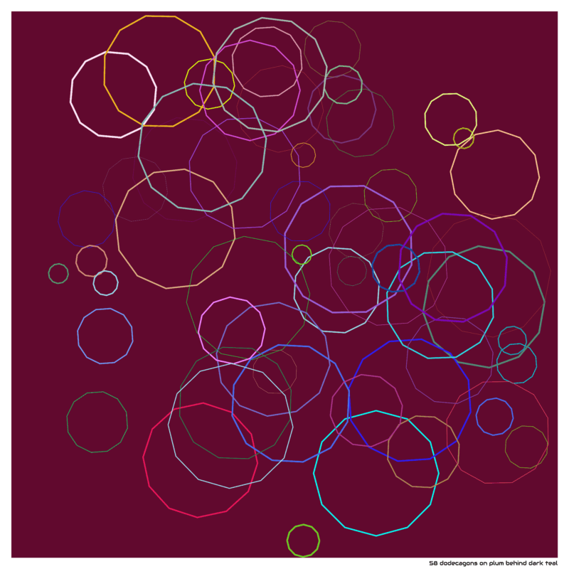 58 dodecagons on plum behind dark teal
