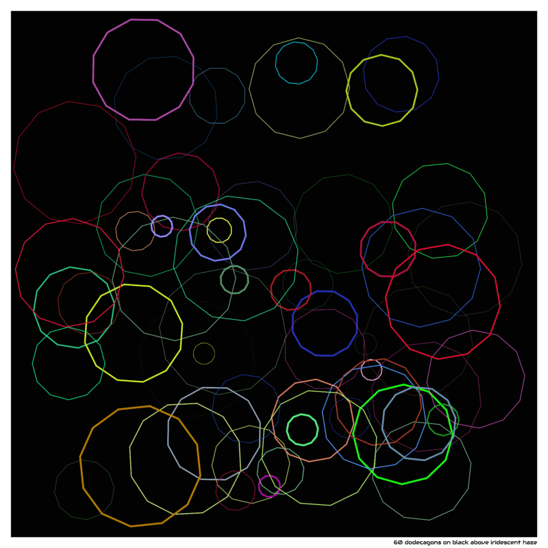 60 dodecagons on black above iridescent haze