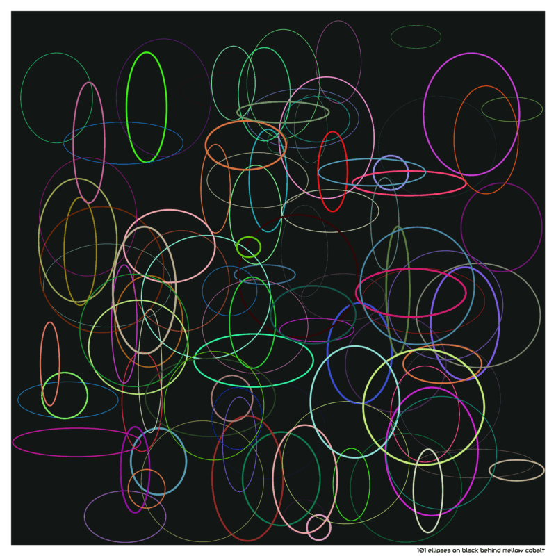 101 ellipses on black behind mellow cobalt