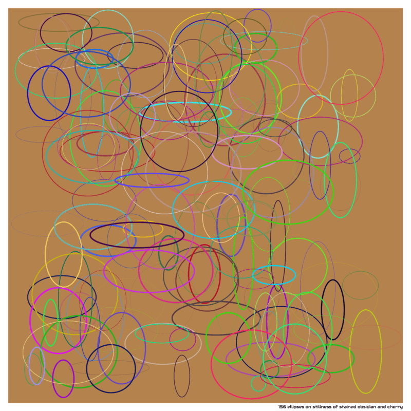 156 ellipses on stillness of stained obsidian and cherry