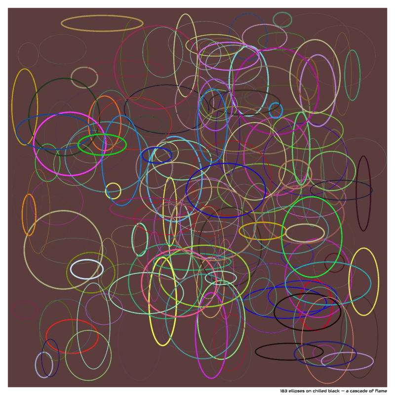 183 ellipses on chilled black — a cascade of flame