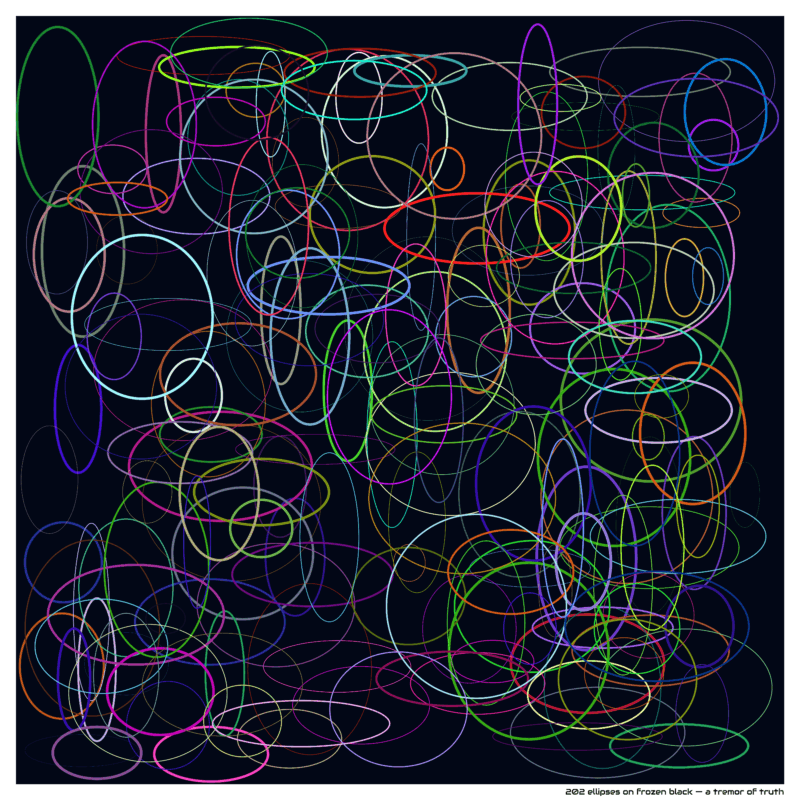 202 ellipses on frozen black — a tremor of truth