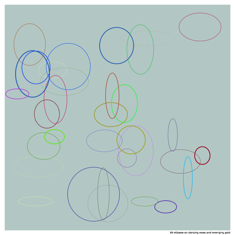 33 ellipses on dancing moss and emerging gold
