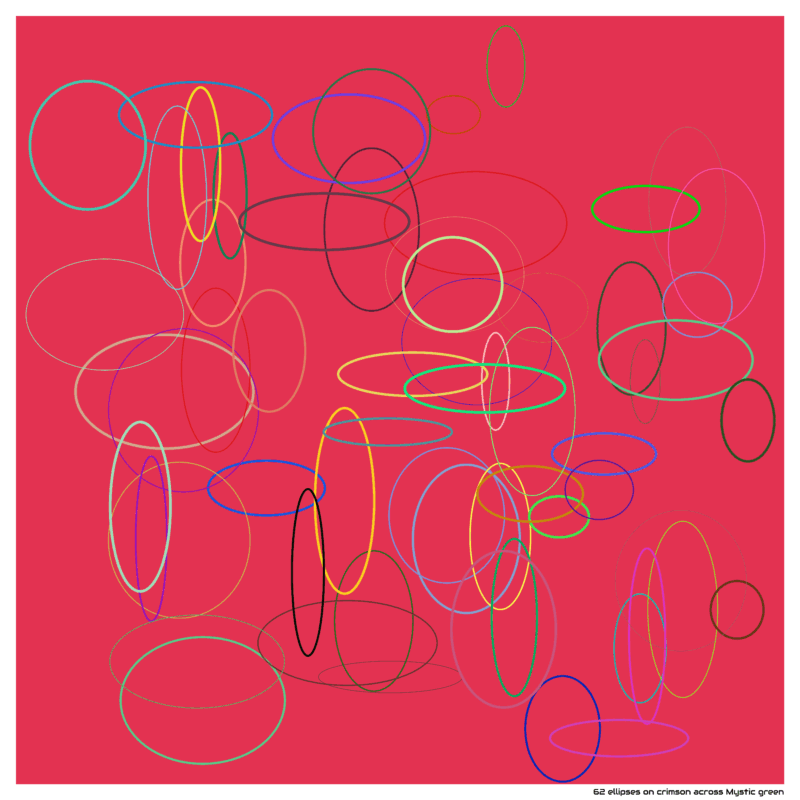 62 ellipses on crimson across Mystic green