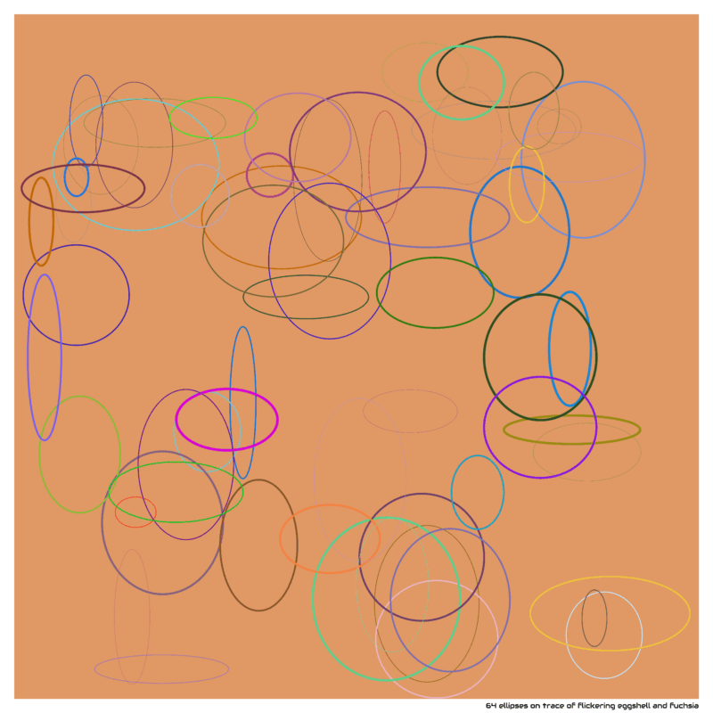 64 ellipses on trace of flickering eggshell and fuchsia