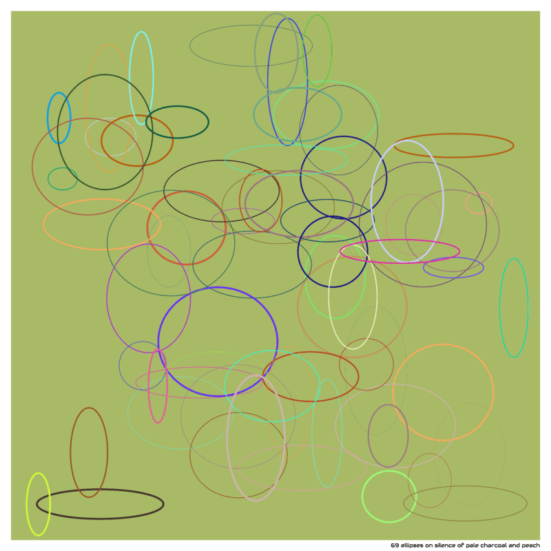 69 ellipses on silence of pale charcoal and peach