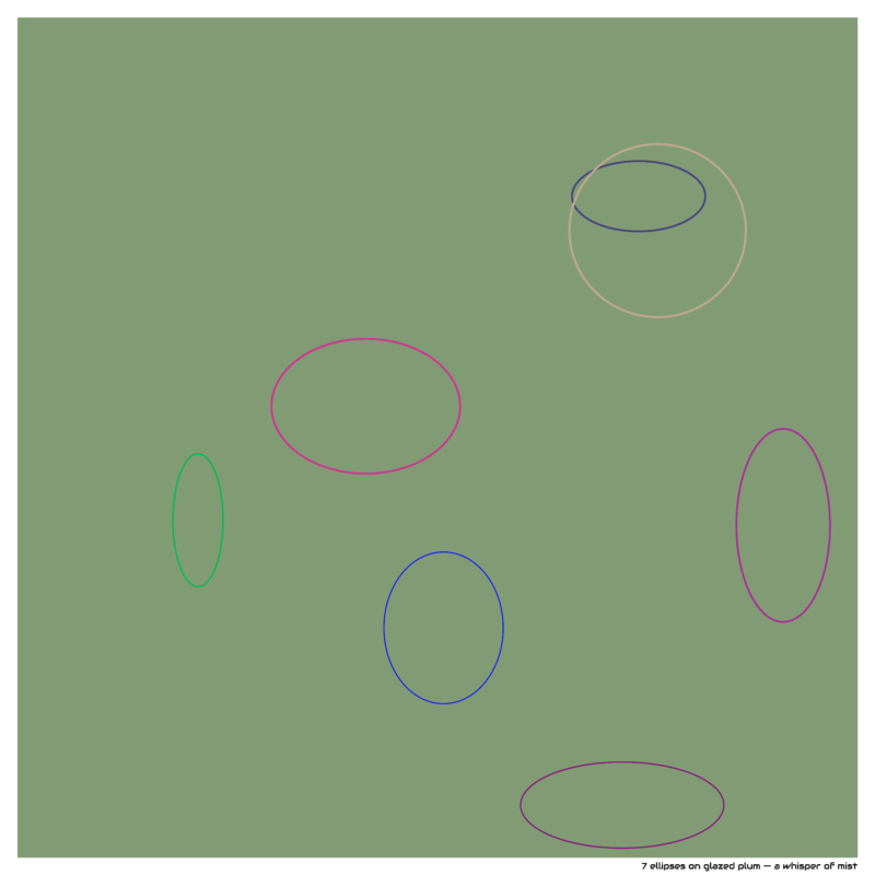 7 ellipses on glazed plum — a whisper of mist