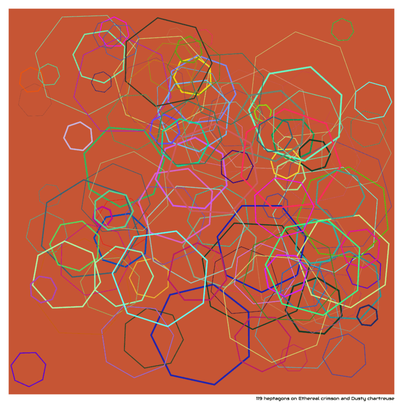 119 heptagons on Ethereal crimson and Dusty chartreuse