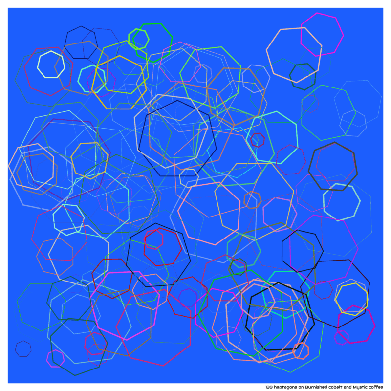 139 heptagons on Burnished cobalt and Mystic coffee