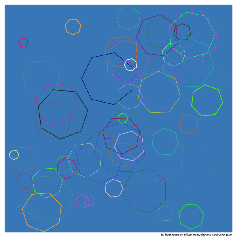 57 heptagons on Silken turquoise and Nocturnal plum