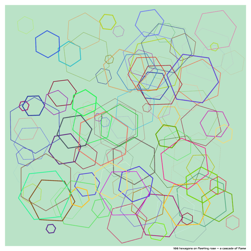 108 hexagons on fleeting rose — a cascade of flame