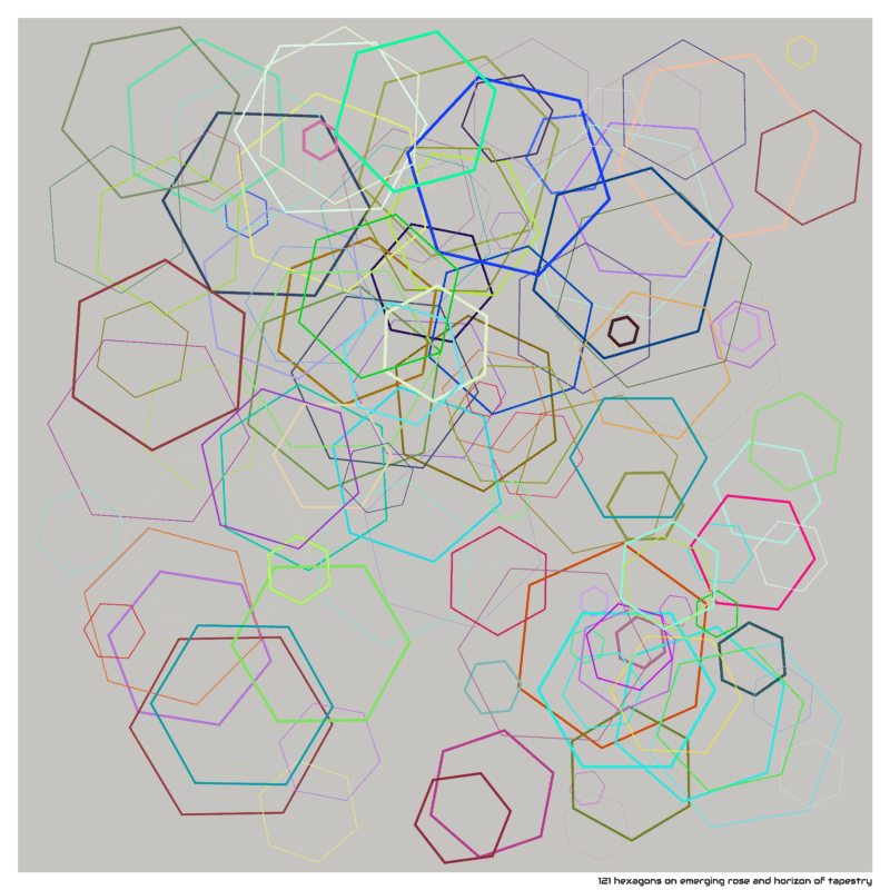 121 hexagons on emerging rose and horizon of tapestry