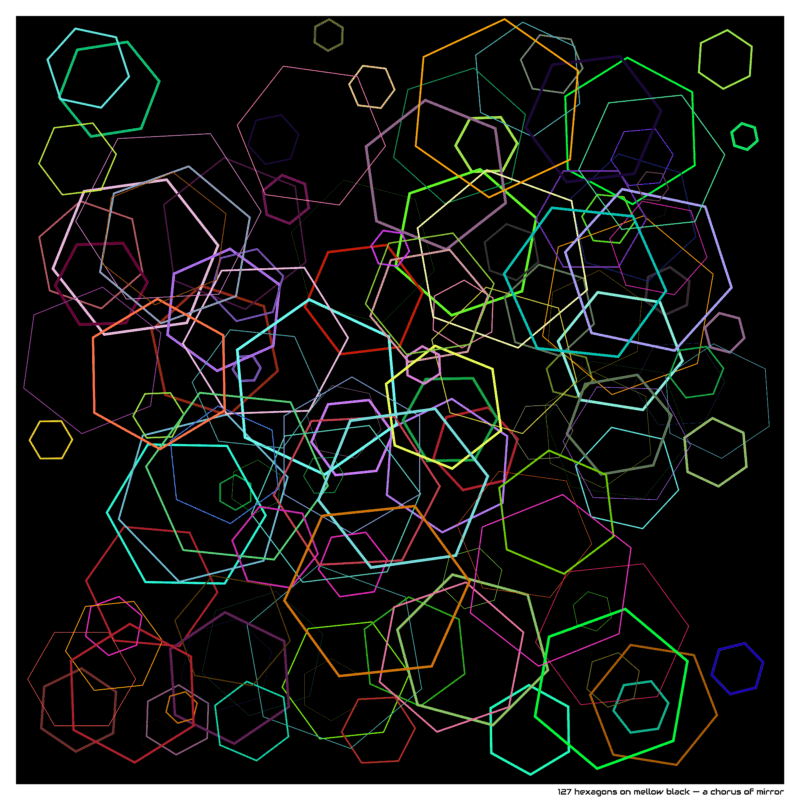 127 hexagons on mellow black — a chorus of mirror