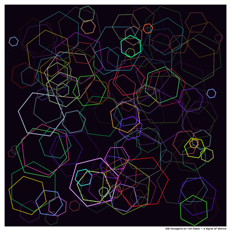 128 hexagons on rich black — a signal of silence