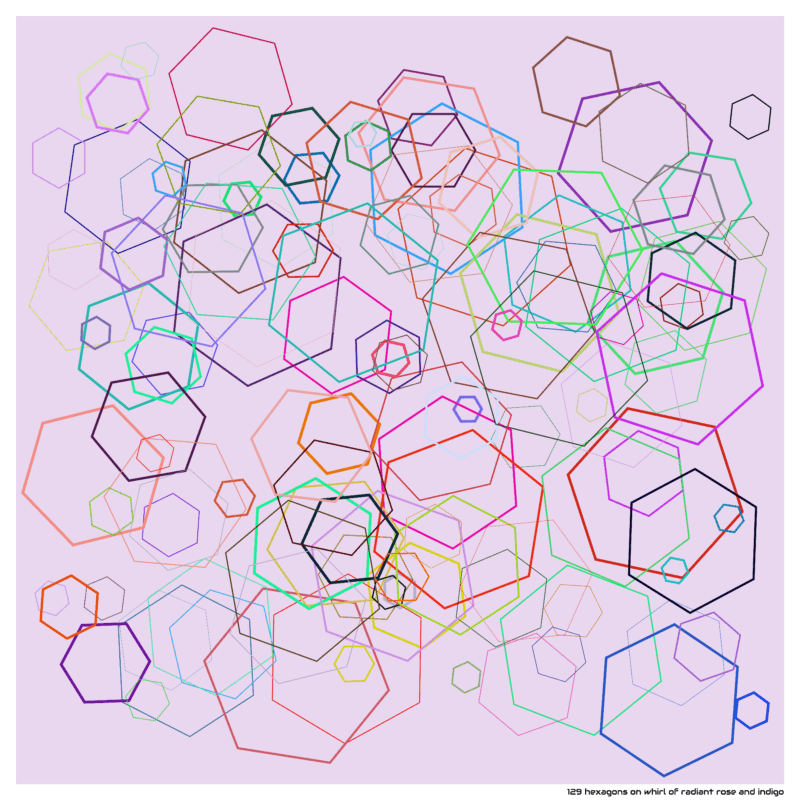 129 hexagons on whirl of radiant rose and indigo