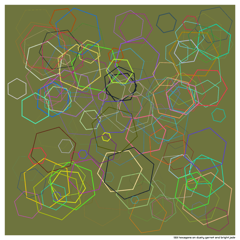 133 hexagons on dusty garnet and bright jade